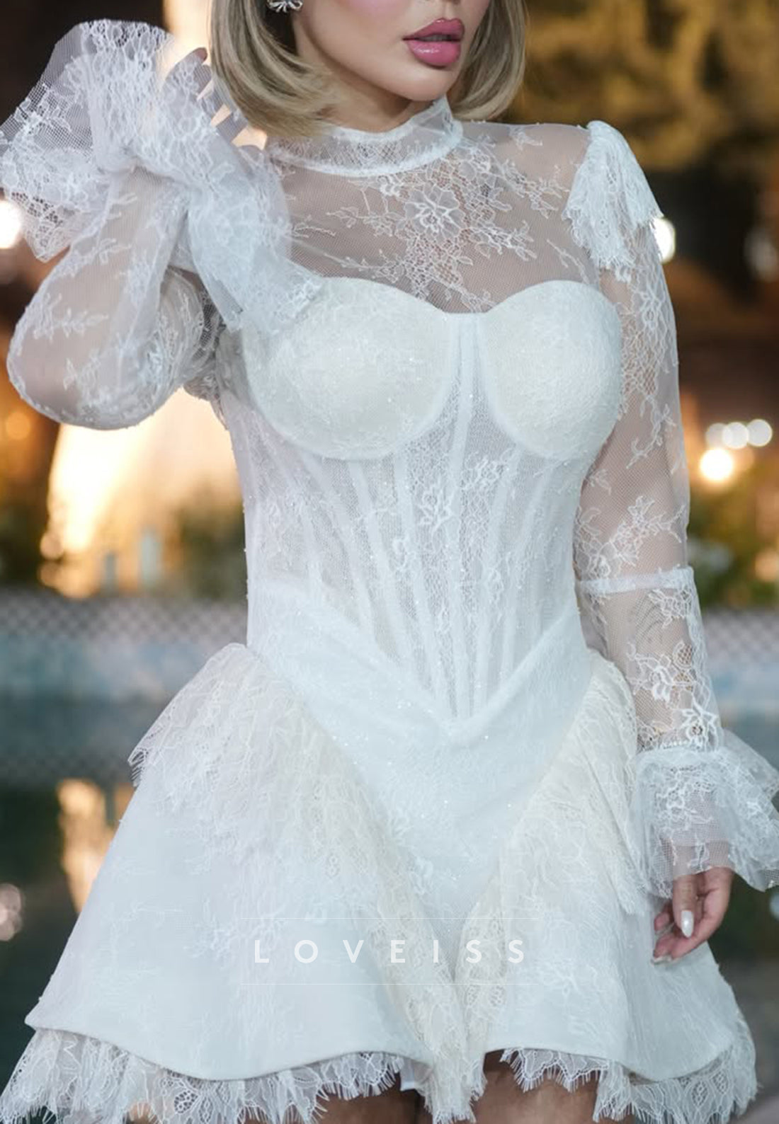 Lace Corset Mini Dress with High Neck & Flared Sleeves