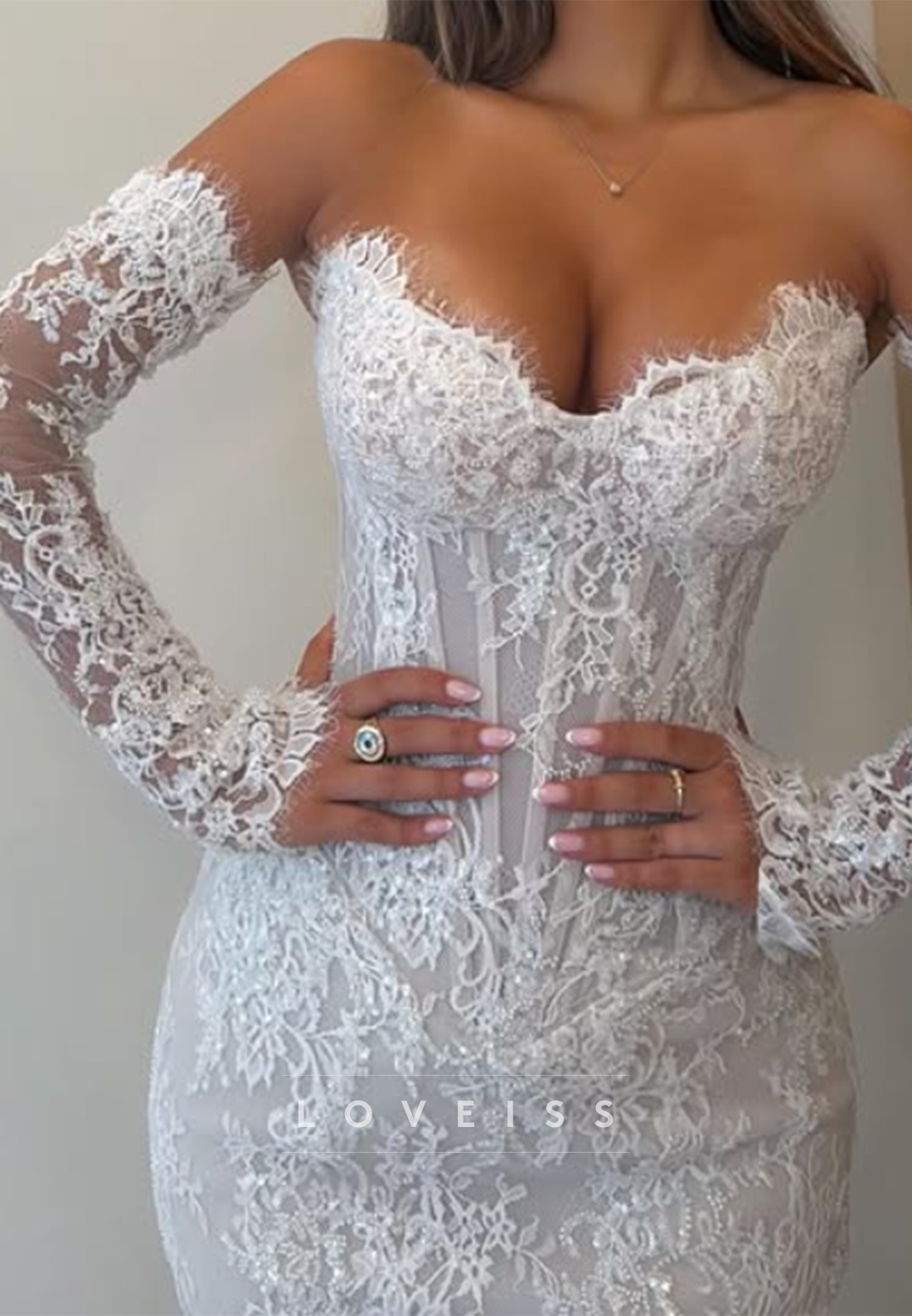 Corset Lace Mermaid Wedding Dress with Sleeves