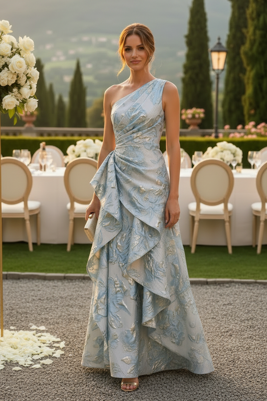 One-Shoulder Ruffled Jacquard Evening Gown