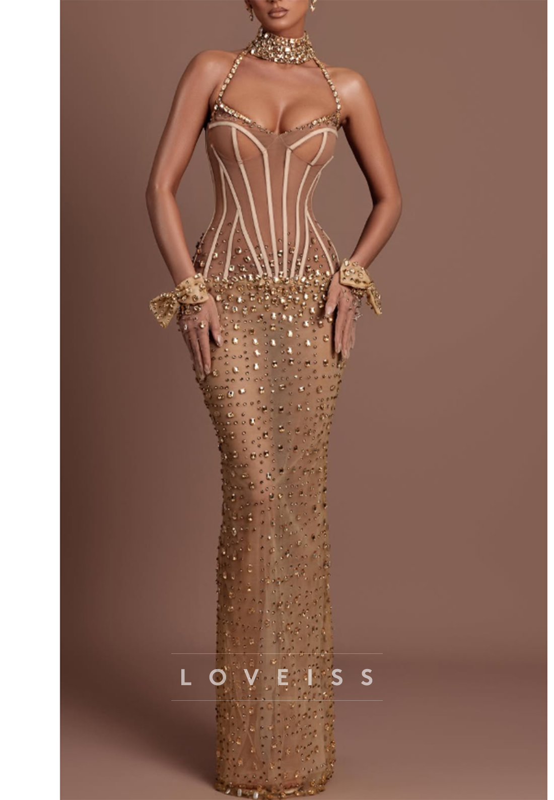 Corset Halter Maxi Dress with Crystal Details