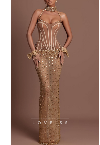 Corset Halter Maxi Dress with Crystal Details