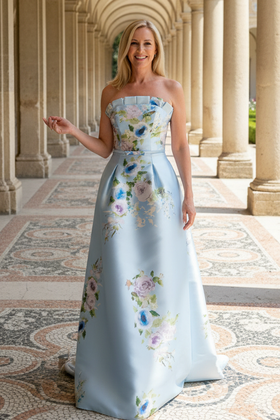 Strapless Floral Satin Ball Gown with Pleated Bodice