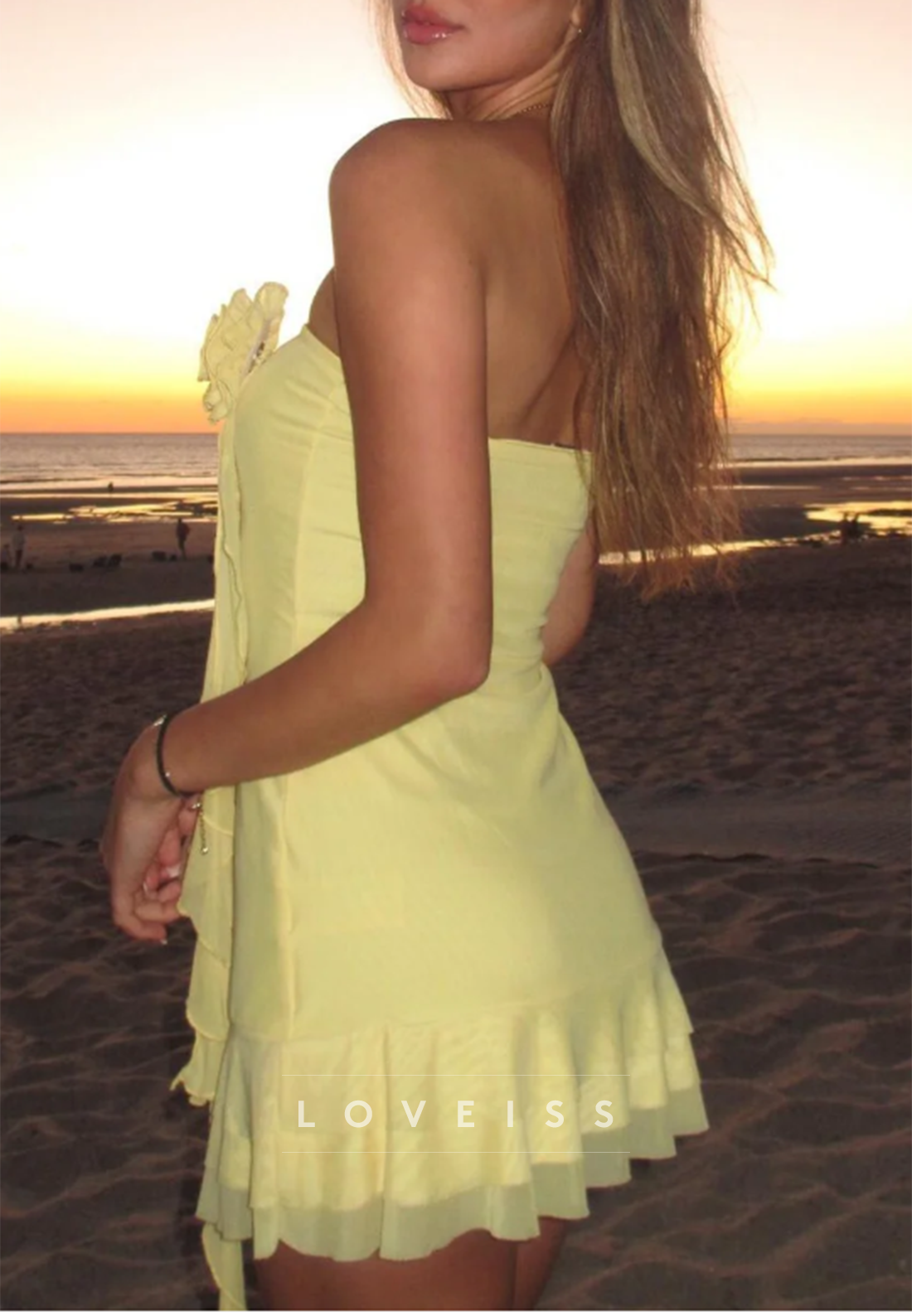Strapless Ruffle Mini Dress with 3D Flower