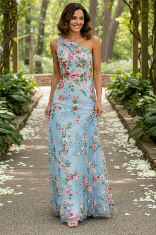 One Shoulder Floral Embroidered Evening Gown