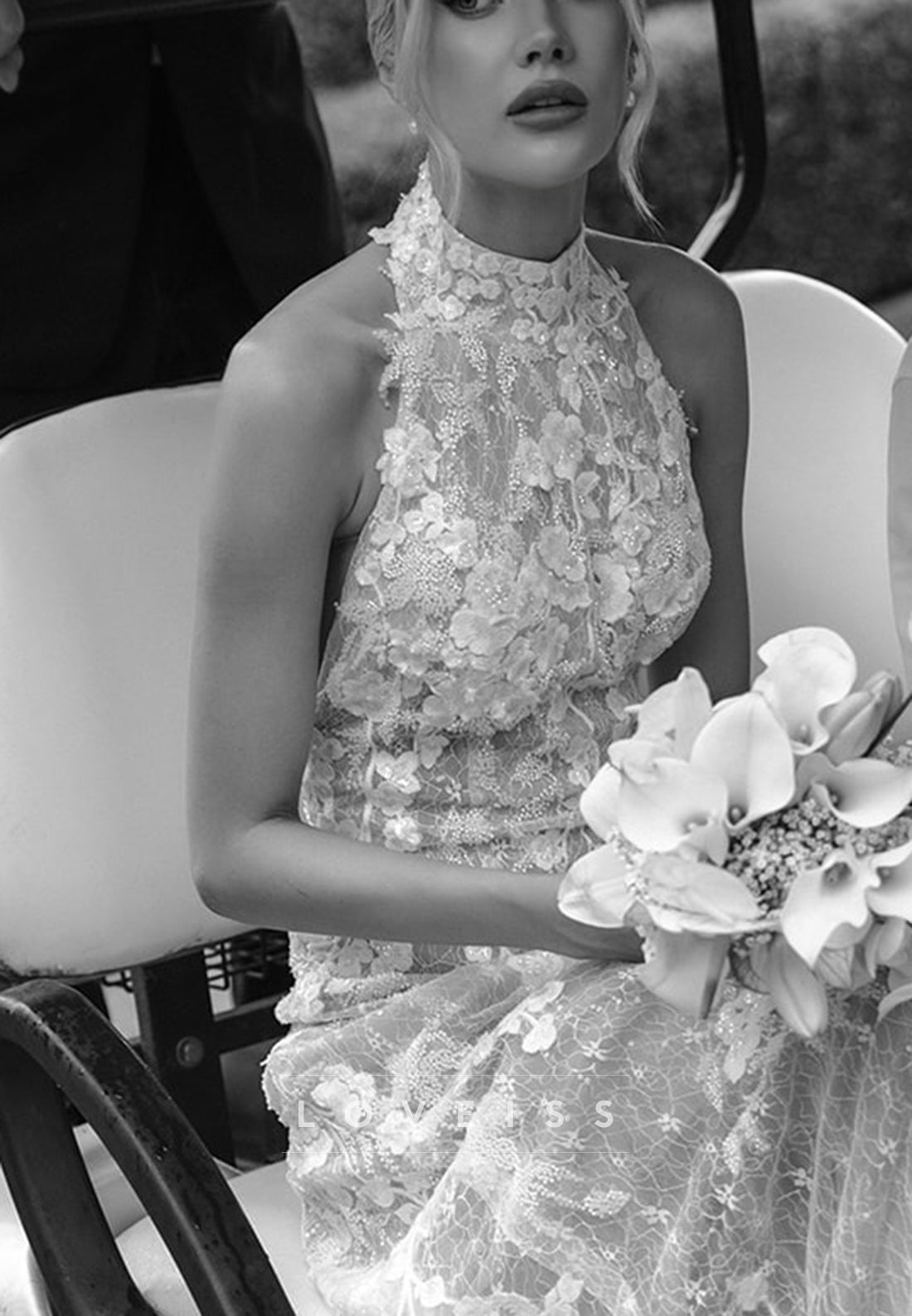 High Neck Lace Open Back Wedding Dress