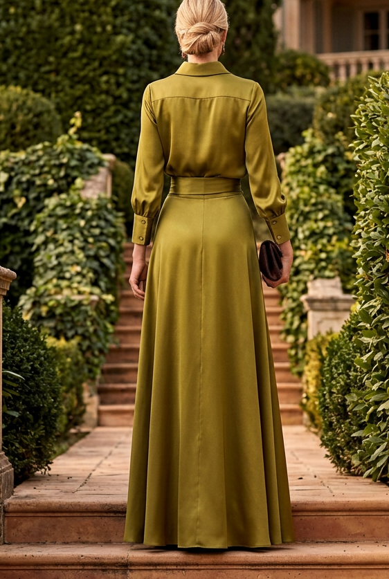 Long Sleeve Satin Shirt Dress with Lace Inset Skirt
