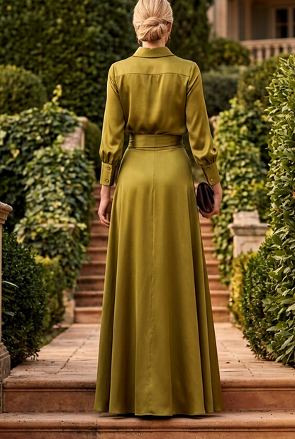 Long Sleeve Satin Shirt Dress with Lace Inset Skirt