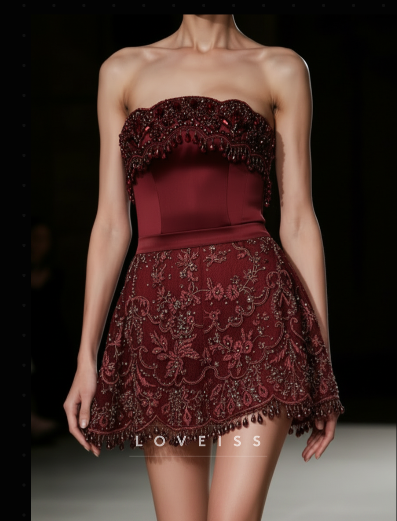 Strapless Beaded Embroidered Mini Dress with Fringe