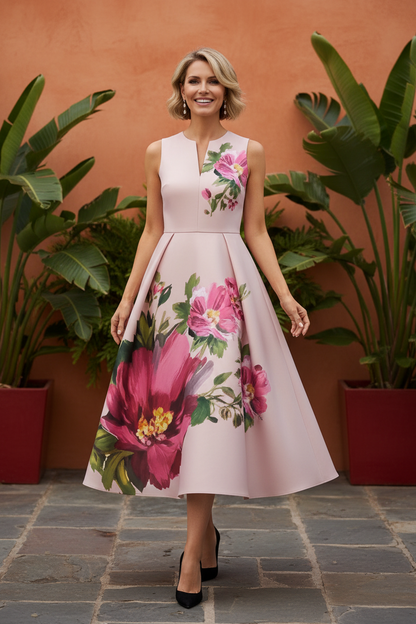 Floral Print Notch Neck Sleeveless A-Line Midi Dress
