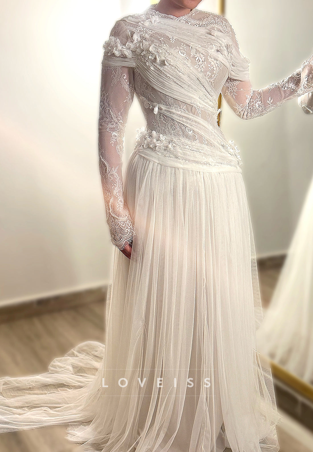 Asymmetrical Drape Lace and Tulle Wedding Dress
