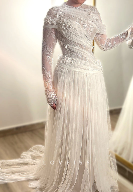 Asymmetrical Drape Lace and Tulle Wedding Dress