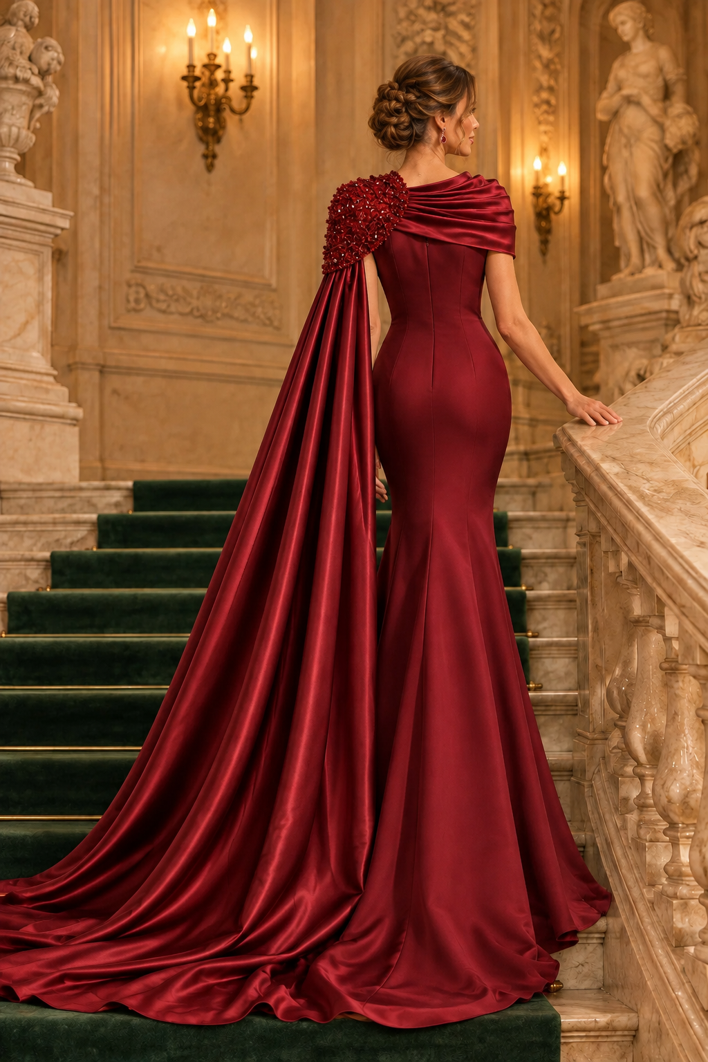 Beaded Shoulder Cape Evening Gown