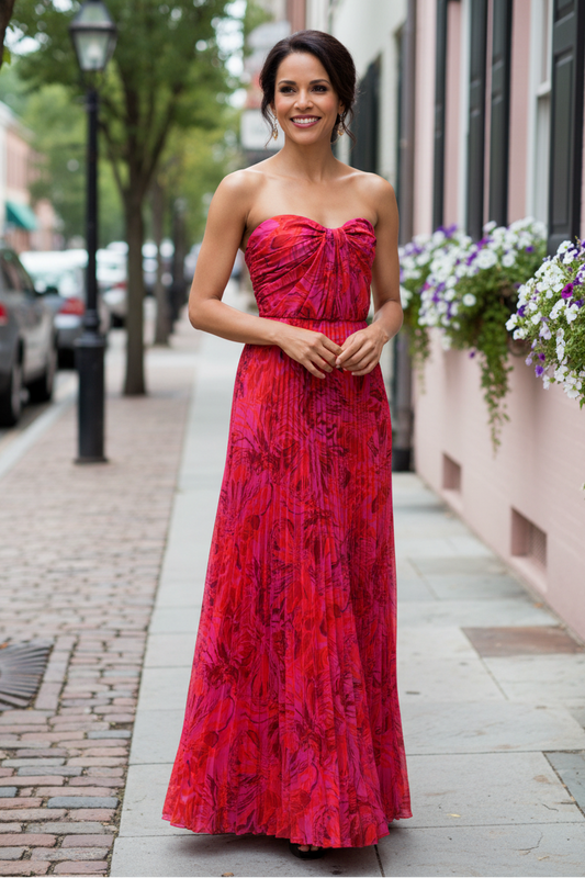 Strapless Pleated Floral Maxi Dress