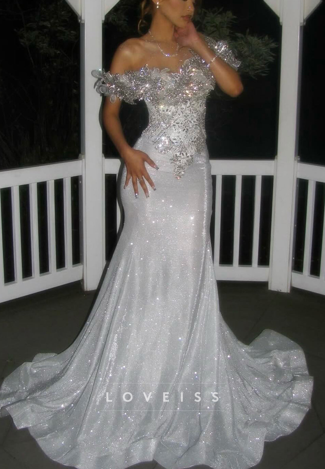 Mermaid Off Shoulder Glitter Gown with Crystal Bodice