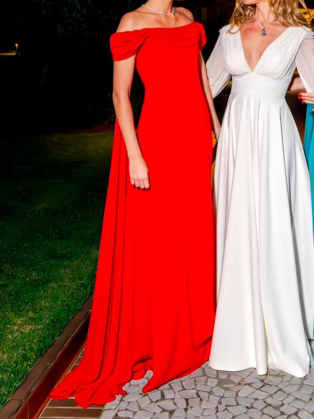 Deep V-Neck Long Sleeve Chiffon A-Line Gown
