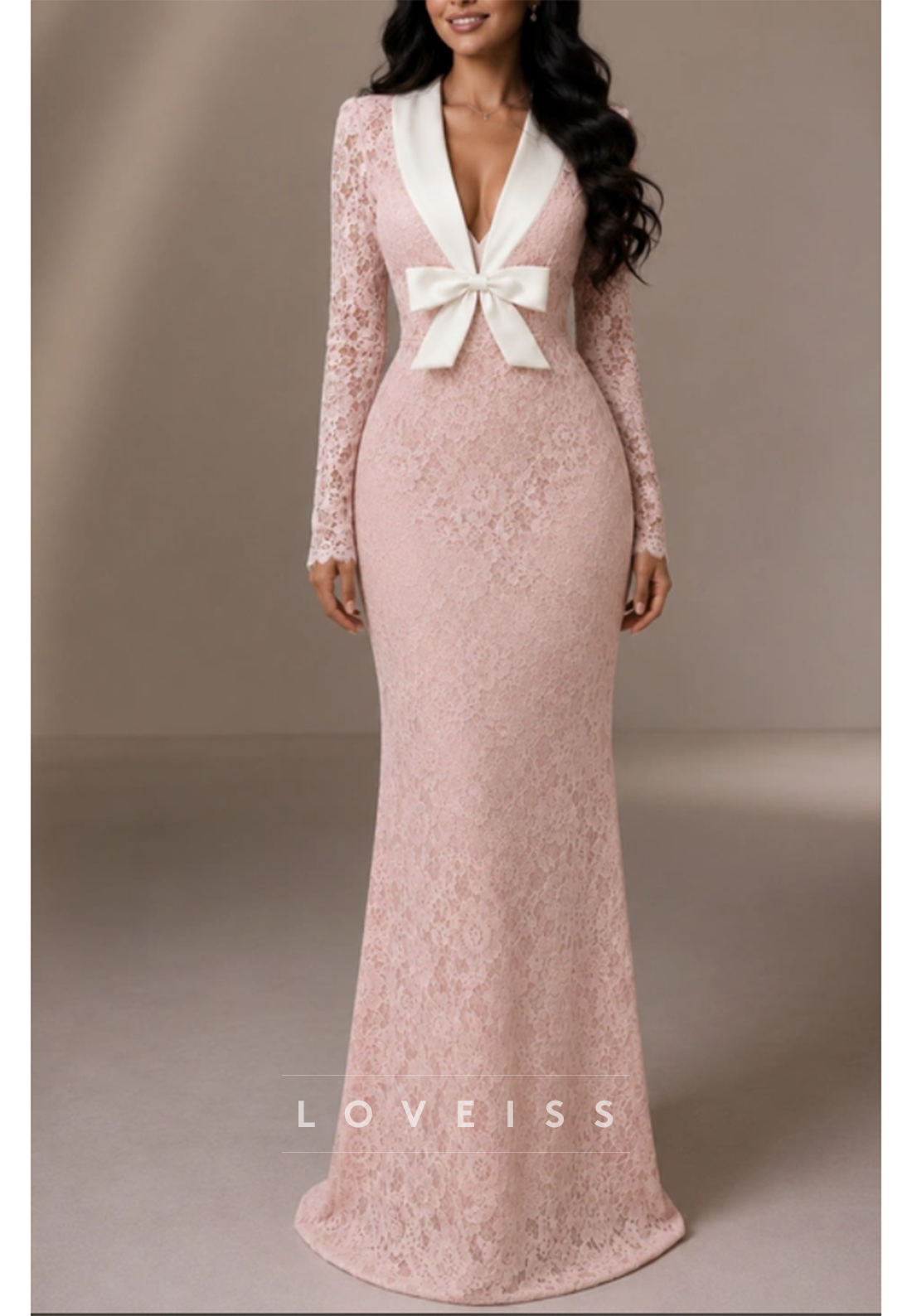 Lace Long-Sleeve Mermaid Gown with Bow Waist Detail