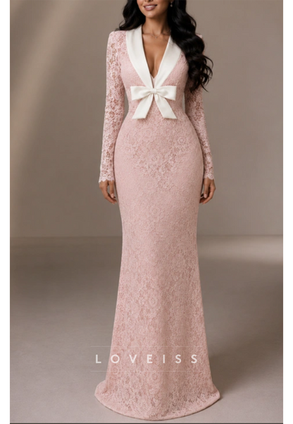 Lace Long-Sleeve Mermaid Gown with Bow Waist Detail