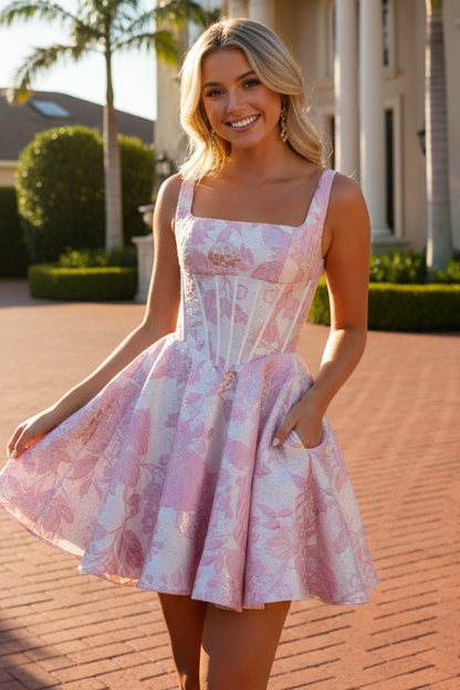 Floral Jacquard Corset Fit and Flare Mini Dress