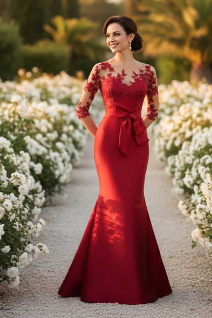 Illusion Lace Bodice Mermaid Gown with Waist Bow