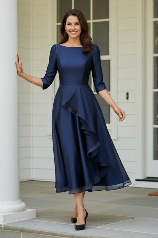 Satin A-Line Tea-Length Dress with Cascading Ruffles