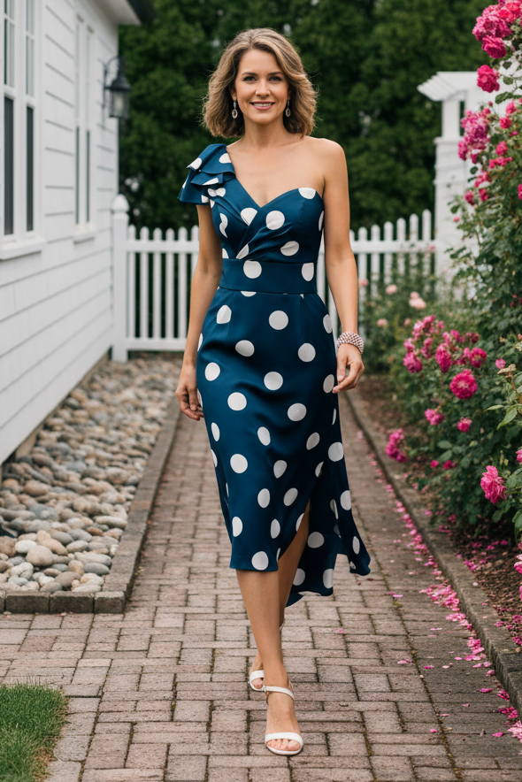 One-Shoulder Ruffle Polka Dot Midi Dress