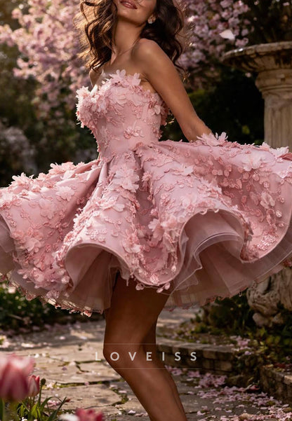 Strapless 3D Floral A-Line Cocktail Dress