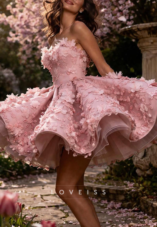 Strapless 3D Floral A-Line Cocktail Dress