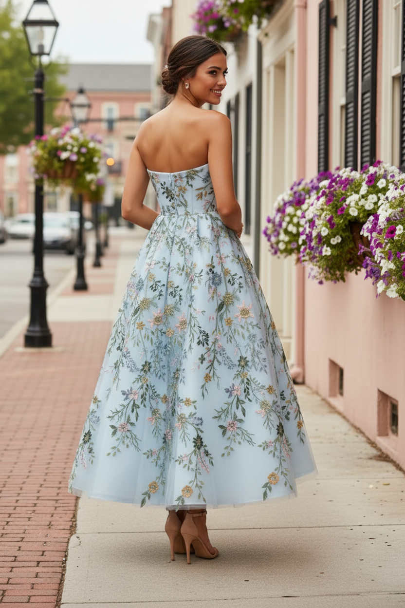 Strapless Floral Embroidered A-Line Gown