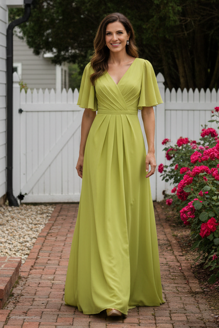 A-Line V-Neck Chiffon Maxi Dress with Flutter Sleeves