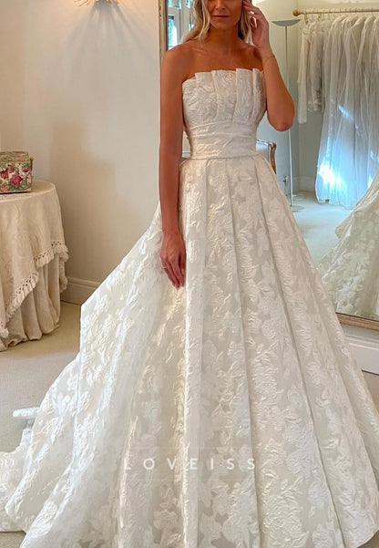 Strapless Floral Jacquard Wedding Gown with Pleated Bodice
