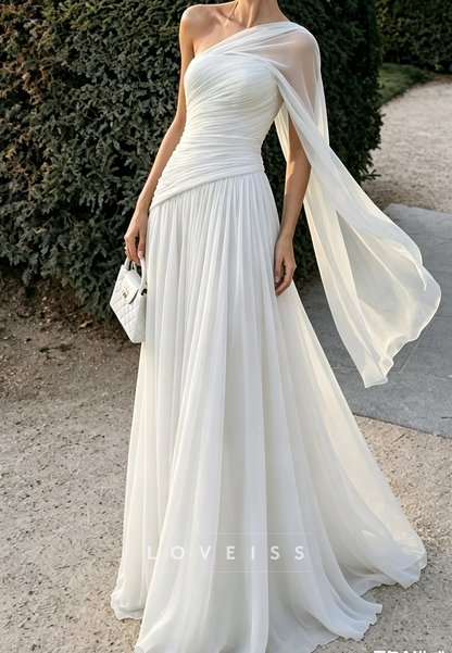One Shoulder Chiffon A-Line Evening Gown with Cape Sleeve