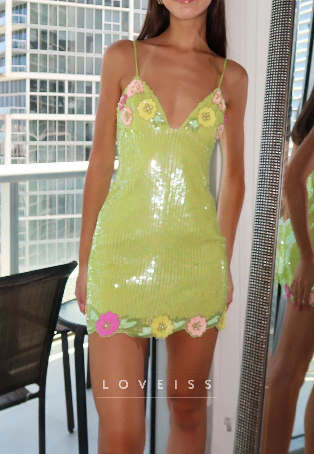 Floral Applique Sequin Slip Mini Dress