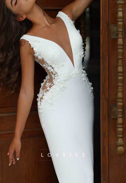 Deep V-Neck Mermaid Wedding Dress with Illusion Sides
