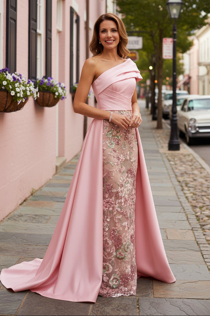 One-Shoulder Satin Evening Gown with Embroidered Overskirt