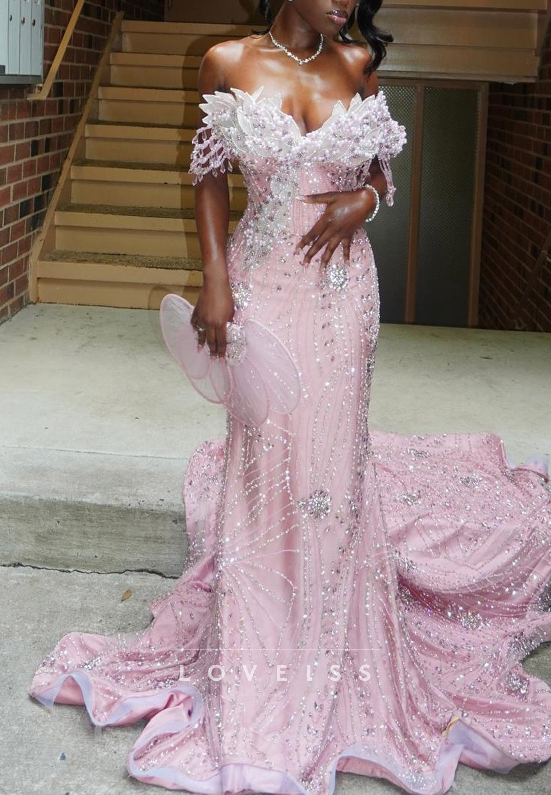 Mermaid Off Shoulder Beaded Feather Prom Gown
