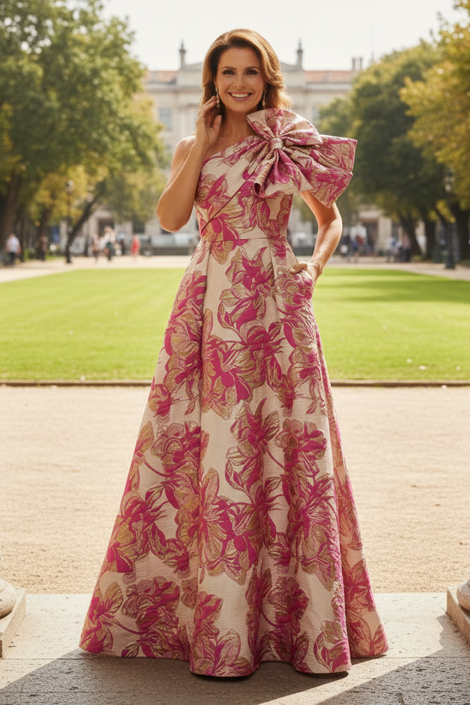 One Shoulder Jacquard Bow A-Line Evening Gown