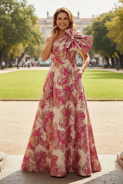 One Shoulder Jacquard Bow A-Line Evening Gown