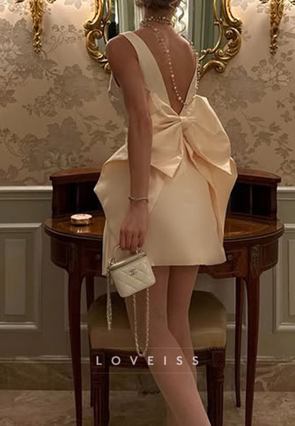 Sleeveless Bateau Mini Dress with Statement Back Bow