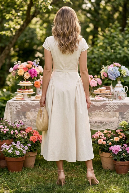 Belted Midi Dress with Side Draped Skirt