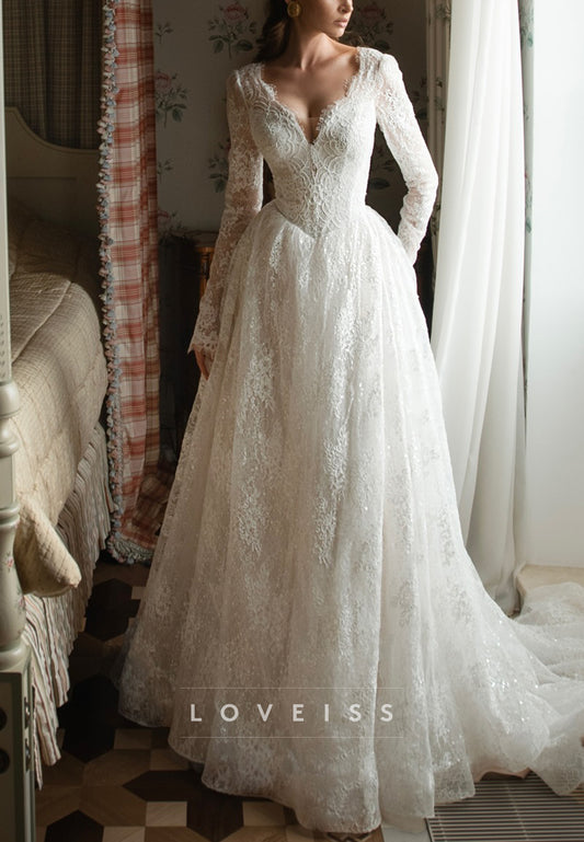 Long Sleeve Lace A-Line Wedding Gown with Train