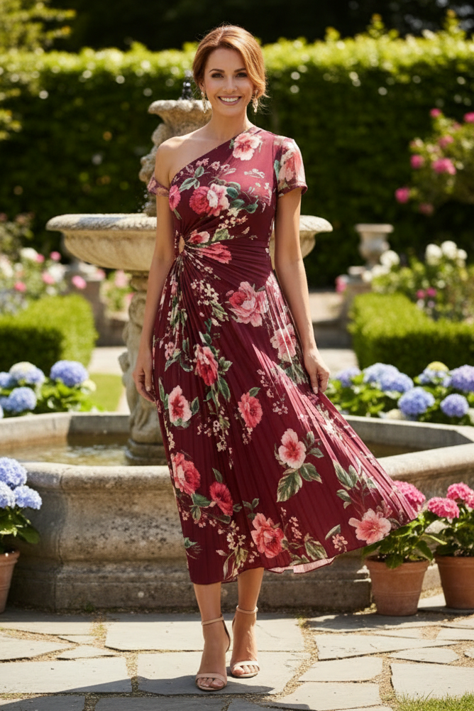 One-Shoulder Floral Pleated Midi Dress