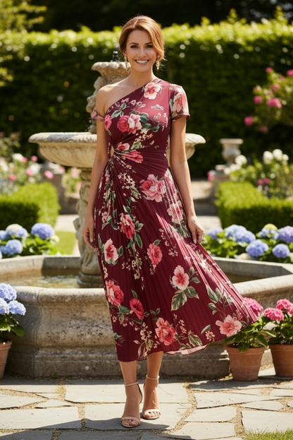 One-Shoulder Floral Pleated Midi Dress