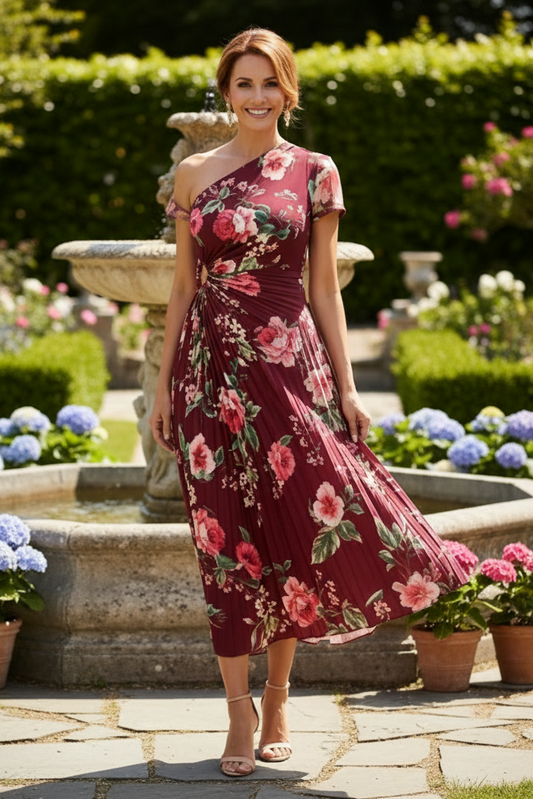 One-Shoulder Floral Pleated Midi Dress