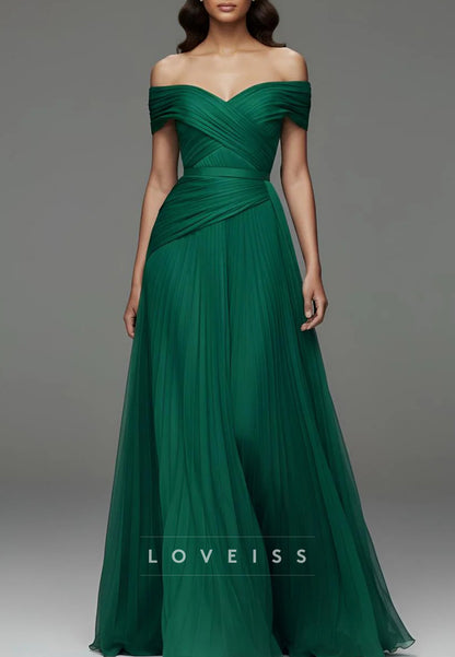 Off-the-Shoulder Pleated Chiffon A-Line Gown