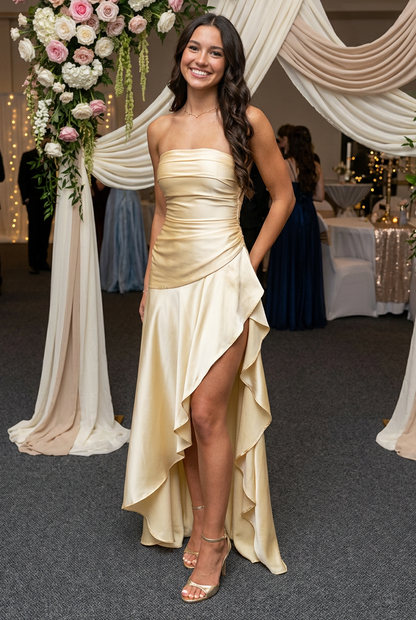 Strapless Ruched High-Low Gown with Tie Back