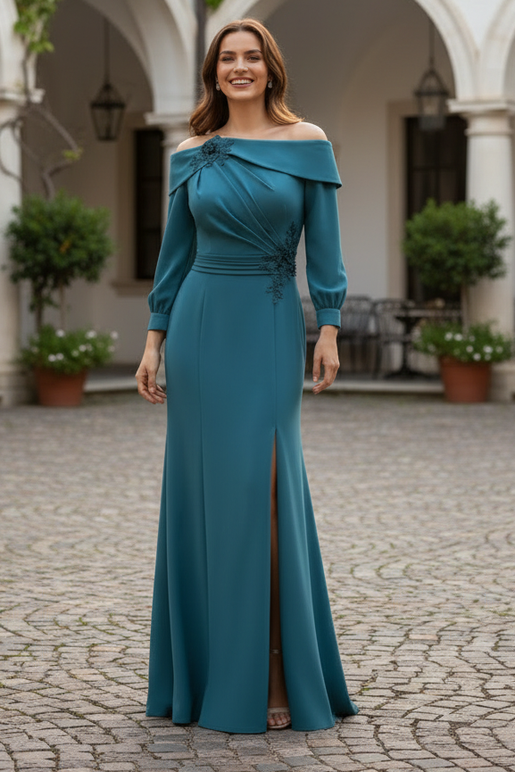 Off-Shoulder Long Sleeve Sheath Gown with Appliques