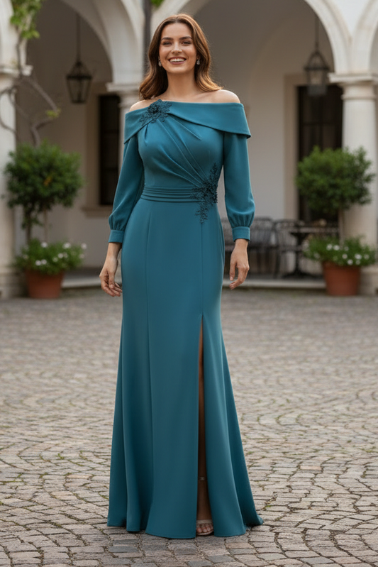 Off-Shoulder Long Sleeve Sheath Gown with Appliques