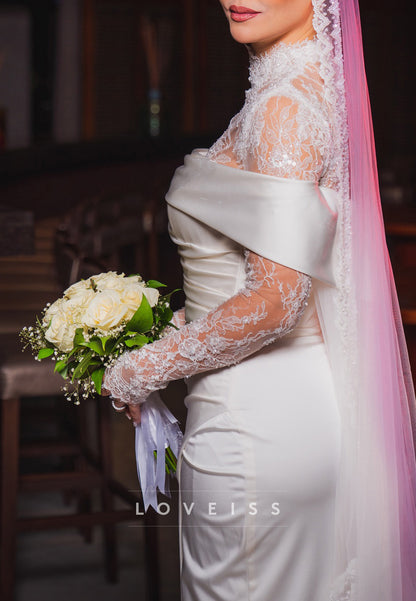 High-Neck Lace and Satin Sheath Wedding Dress