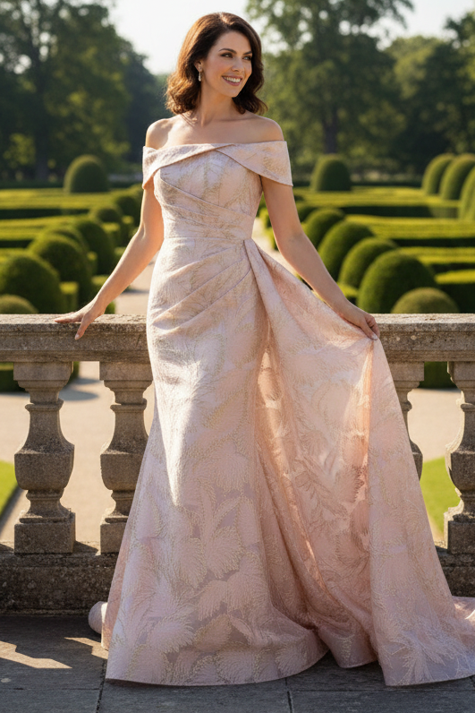 Off-the-Shoulder Jacquard Gown with Overskirt