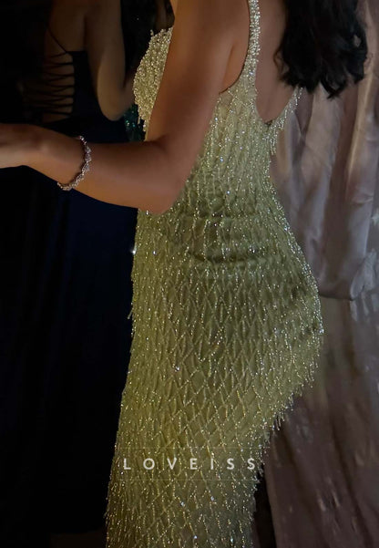 Beaded Sequin Column Maxi Dress with Slit
